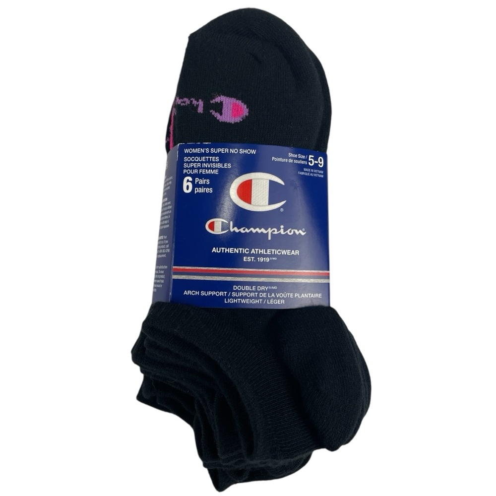Champion Women's 6 Pair Black Super No Show Athletic Socks Shoe Size 5-9 NEW
